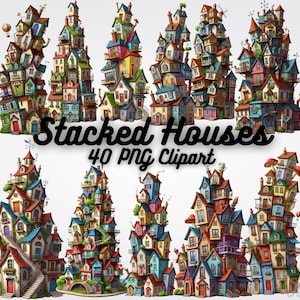 Puede incluir: Una colección de casas apiladas coloridas en un estilo caprichoso. Cada casa tiene un diseño único, con varios colores y detalles arquitectónicos. La imagen incluye el texto "Stacked Houses 40 PNG Clipart".