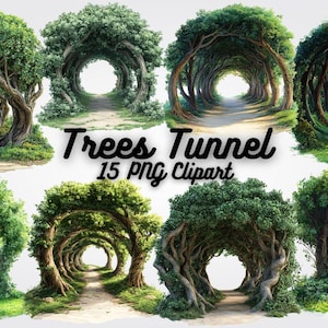 May include: A set of 15 digital images featuring green tree tunnels. The images are PNG format and can be used for digital scrapbooking, crafting, and other creative projects.  Trees Tunnel 15 PNG Clipart