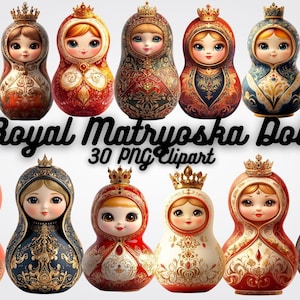 Royal Matryoshka Doll Clipart, Russian Nesting Doll PNG, Vintage Folk Art Illustration, Digital Matryoshka Doll Graphics
