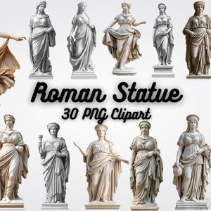 May include: A collection of 30 PNG clipart images featuring various Roman statues. The statues are depicted in different poses and styles, showcasing classical drapery and architectural details. The text "Roman Statue" and "30 PNG Clipart" are also visible.