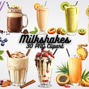 Pode incluir: Uma coleção de 30 ilustrações de milk-shakes, com vários sabores e coberturas, incluindo chocolate, morango, baunilha e frutas. As ilustrações são em estilo cartoon e são perfeitas para uso em projetos digitais ou impressos.