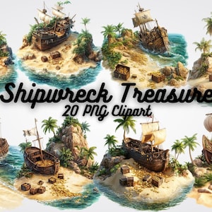 Clipart trésor du naufrage, clipart pièces de monnaie, 20 fichiers PNG de haute qualité de trésors nautiques pour des invitations, des travaux manuels et des projets d'art numérique