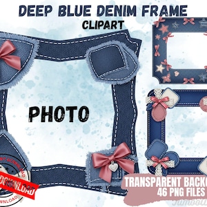 Denim Frame Clipart Bundle, Coquette Bows, Stitched Patches (Digital Download)