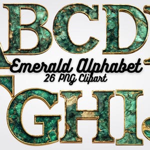 Alfabeto Esmeralda, Letras, 26 letras verdes y doradas, Monograma de fuente de lujo, Alfabeto para invitación de boda, Descarga digital