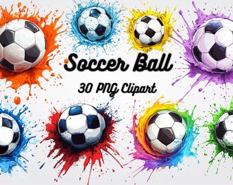 30 Soccer ball Clipart,Soccer png,Watercolor Clipart PNG, Soccer posters,Soccer printable art,Sublimation,Commercial use, Digital Download