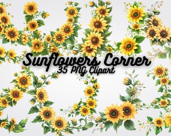 Sunflower Corner Clipart: Rustic Floral PNG, Fall Decor (Digital Download)