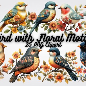 Floral Bird Clipart PNG: Boho Nature Printable (Digital Download, 25 Files)
