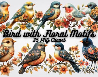 Floral Bird Clipart PNG: Boho Nature Printable (Digital Download, 25 Files)