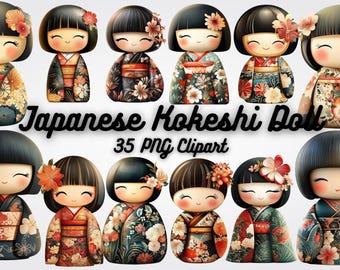 Clipart de muñecas Kokeshi japonesas: 35 PNG, arte cultural (descarga digital)