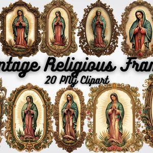 Puede incluir: Colección de marcos religiosos vintage con ilustraciones de una mujer con una túnica, con las manos juntas en oración. Los marcos son ornamentados, con tonos dorados y marrones, y el texto "Vintage Religious Frame 20 PNG Clipart".