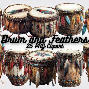 May include: A collection of 10 colourful drums decorated with feathers and beads. The drums are made of wood and have a natural brown finish. The feathers are a variety of colours, including red, blue, green, and yellow. The beads are also a variety of colours, including white, black, and brown. The drums are arranged in a circle, with the text "Drum and Feathers 25 PNG Clipart" in the centre.