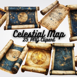 May include: A collection of rolled celestial maps with a vintage aesthetic. The maps feature detailed illustrations of constellations and celestial bodies, with a color palette of blues, golds, and browns. The text "Celestial Map 25 PNG Clipart" is also visible.