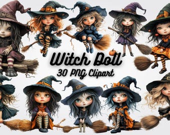 May include: A collection of whimsical witch doll clipart images. Each doll wears a pointed hat and sits on a broom. The dolls are dressed in various outfits, including dresses and striped stockings. The text "Witch Doll 30 PNG Clipart" is displayed.