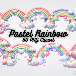 May include: A collection of pastel rainbow clipart images. Each rainbow features soft colors, heart accents, and fluffy clouds. The text "Pastel Rainbow 30 PNG Clipart" is displayed in a black script font.