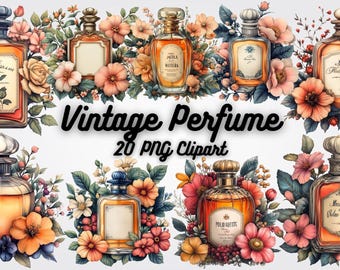 Clipart de botella de perfume vintage: Gráficos PNG florales (descarga digital)