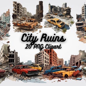 City Ruins Clipart, Post-Apocalyptic PNG, Abandoned Urban Landscape, War-Torn Buildings, Dystopian Digital Art, 20 High-Quality PNGs