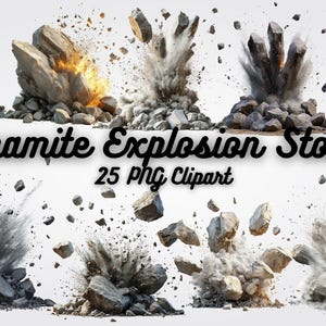 Könnte beinhalten: Eine Sammlung von 25 digitalen Bildern, die verschiedene Stadien einer Dynamit-Explosion mit durch die Luft fliegenden Steinen und Trümmern zeigen. Die Bilder sind perfekt, um Ihren Designprojekten einen dramatischen Effekt zu verleihen.