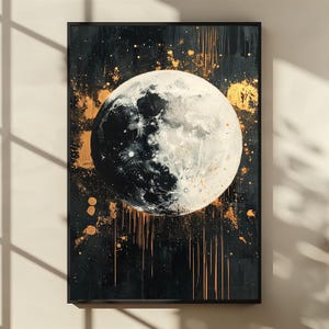 Abstract Brushstroke Moon, Bold Hand-Painted Lunar Art, Dynamic Black, White & Gold Strokes, Modern Celestial Digital Wall Print