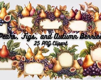 Autumn Fruit Label Clipart: Pears, Figs, Berries (Digital Download)