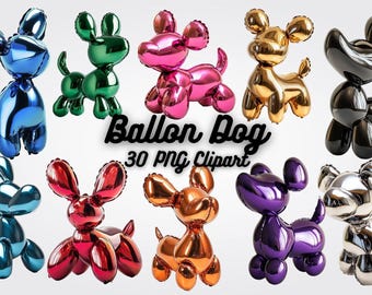 May include: A set of 30 balloon dog clipart images in various colors, including blue, green, pink, gold, black, red, orange, purple, and silver.  The images are high-quality and perfect for use in digital projects.