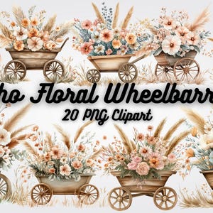 Clipart de brouette floral bohème : PNG de jardin rustique (téléchargement numérique)