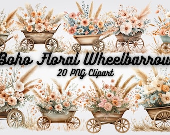 Boho Floral Wheelbarrow Clipart: Rustic Garden PNGs (Digital Download)