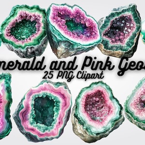 Könnte beinhalten: Eine Sammlung von 25 PNG-Clipart-Bildern mit smaragdgrünen und rosafarbenen Geoden. Die Geoden haben verschiedene Formen und Größen, einige sind runder, andere eckiger. Die Kristalle sind alle sehr detailliert und realistisch, mit einer Vielzahl von Farben und Texturen.