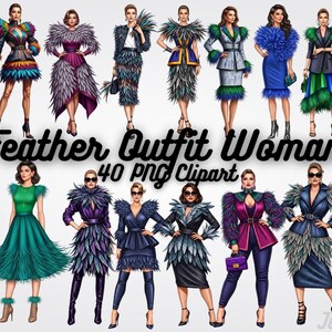 May include: A digital illustration featuring a collection of women's fashion outfits with feather accents. The outfits include dresses, skirts, and jackets in various colors, such as teal, purple, and blue. The text "Feather Outfit Woman" is displayed.