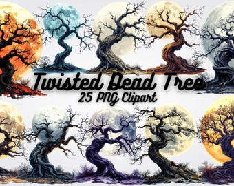 May include: Digital clipart featuring nine twisted, leafless trees with various colored moons in the background. The text "Twisted Dead Tree 25 PNG Clipart" is displayed. The trees have gnarled branches and are set against moons of orange, blue, and yellow.