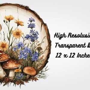 May include: A watercolor illustration of mushrooms and wildflowers on a wood slice background. The mushrooms are brown and white with red spots. The flowers are yellow, blue, and white. The background is a light brown wood slice.