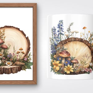 May include: A watercolor illustration of a mushroom and flower arrangement on a wooden slice. The mushrooms are red with white spots and the flowers are yellow, blue, and purple.