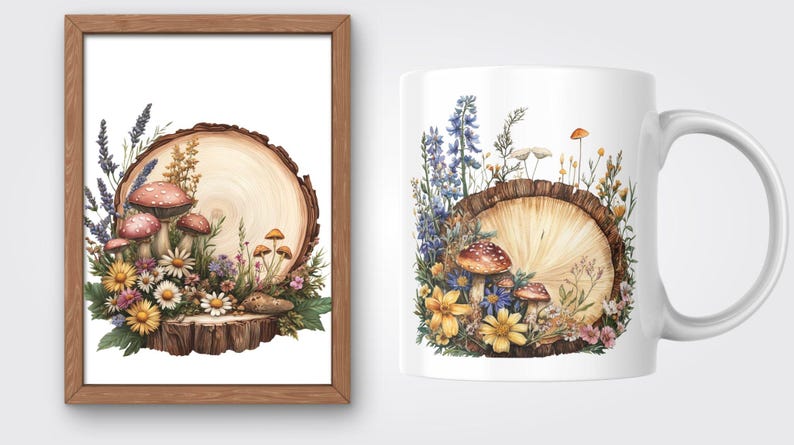 May include: A watercolor illustration of a mushroom and flower arrangement on a wooden slice. The mushrooms are red with white spots and the flowers are yellow, blue, and purple.