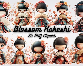 Blossom Kokeshi Doll Clipart, Kawaii Girl Art (PNG)