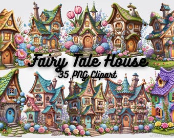Op de afbeelding: Een verzameling kleurrijke sprookjeshuizen met grillige ontwerpen. Elk huis heeft unieke architectonische details, omringd door bloemen en groen. De afbeelding bevat de tekst "Fairy Tale House 35 PNG Clipart."