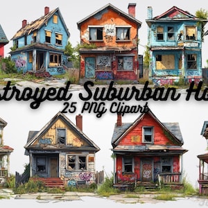 May include: A collection of digitally rendered images of dilapidated suburban homes. The houses are in various states of disrepair, with boarded-up windows, peeling paint, and graffiti. The text "Destroyed Suburban Home 25 PNG Clipart" is displayed.