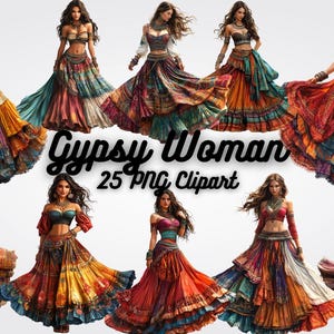 Puede incluir: Un conjunto de clipart digital de 25 imágenes que muestran a una mujer con un colorido disfraz de gitana. La mujer lleva una falda larga y fluida con múltiples capas y un top ajustado con un cinturón decorativo. Las imágenes son perfectas para crear diseños digitales, scrapbooking y otros proyectos creativos.