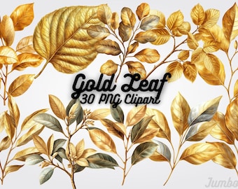 Gold Leaf Clipart: Metallic Foliage PNG, Wedding Design (Digital Download)