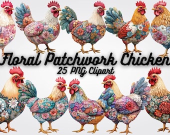 Floral Chicken Clipart: Patchwork Hen PNG, Farmhouse Decor (Digital Download)