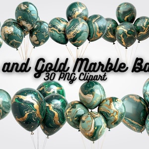 Green and Gold Marble Balloons Clipart, 30 High-Quality PNGs for Party Invitations, Prints, Decorations, Digital Crafts & DIY Projects