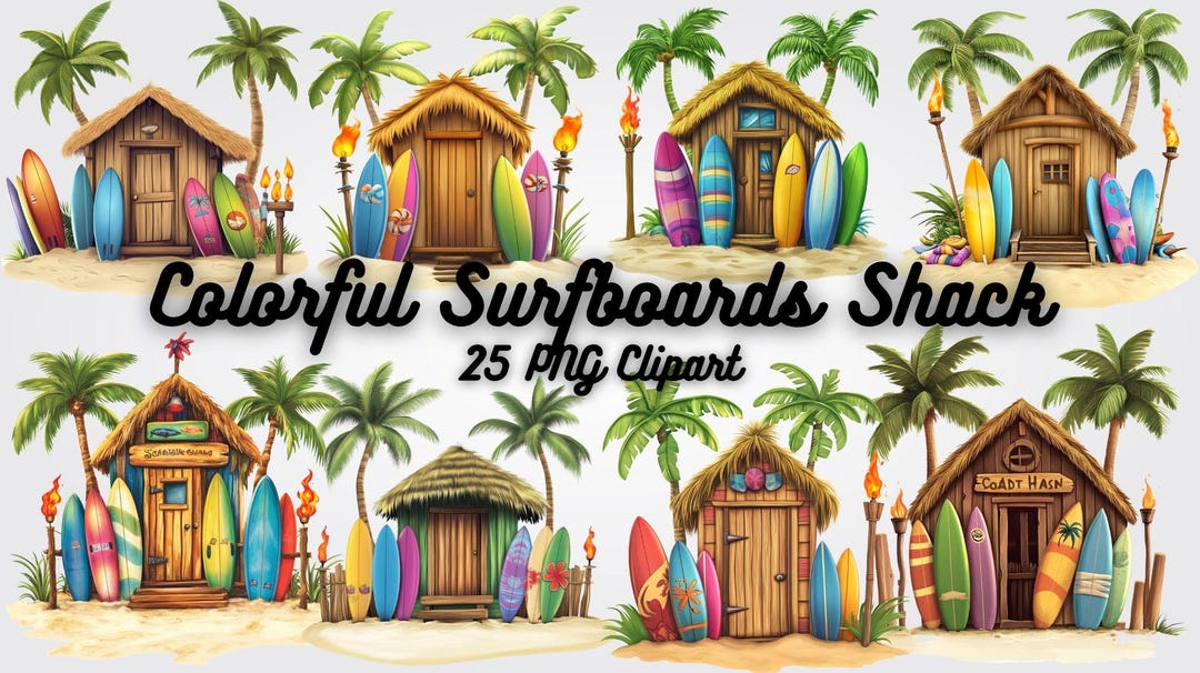 Colorful Surfboards Shack Clipart, 25 PNG Summer Beach Clip Art ...