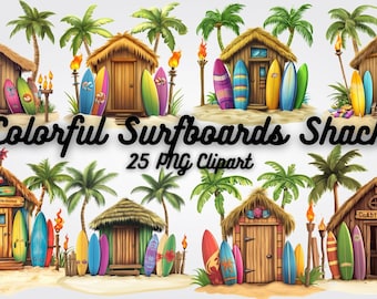 Surf Shack Clipart: 25 Colorful Beach Surfboard PNGs (Digital Download)