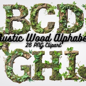 Alfabeto de madera rústica, clipart de letras, 26 letras PNG de alta calidad para invitaciones, impresiones, manualidades y diseños digitales