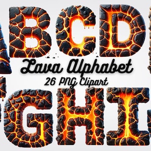 26 alfabetos de lava, imágenes prediseñadas de letras, imágenes PNG de alta calidad de letras formadas a partir de piedra y lava, invitaciones llamativas, decoración y más