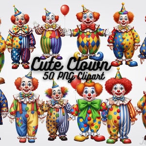 Peut inclure: Illustrations de clowns colorés. Chaque clown porte des tenues vibrantes et à motifs avec des nœuds papillon et des chapeaux. Certains clowns tiennent des ballons. Le texte "Cute Clown 50 PNG Clipart" est affiché.