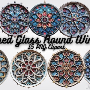 May include: Collection of nine round stained glass window designs in various colors, including blue, red, and gold. Each window features intricate floral and geometric patterns. The text "Stained Glass Round Window 15 PNG Clipart" is displayed.