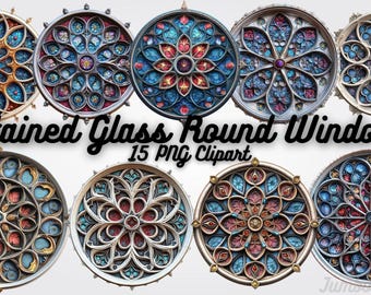 Glasmalerei rundes Fenster Clipart: Gotische Kirche Kunst (PNG Digital Download)