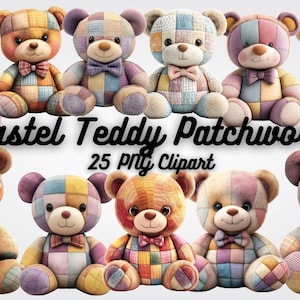 Könnte beinhalten: Eine Sammlung von zehn pastellfarbenen Teddybären mit Patchwork-Designs. Jeder Bär hat eine Fliege und besteht aus verschiedenen Pastellfarben. Das Bild enthält den Text "Pastel Teddy Patchwork" und "25 PNG Clipart".