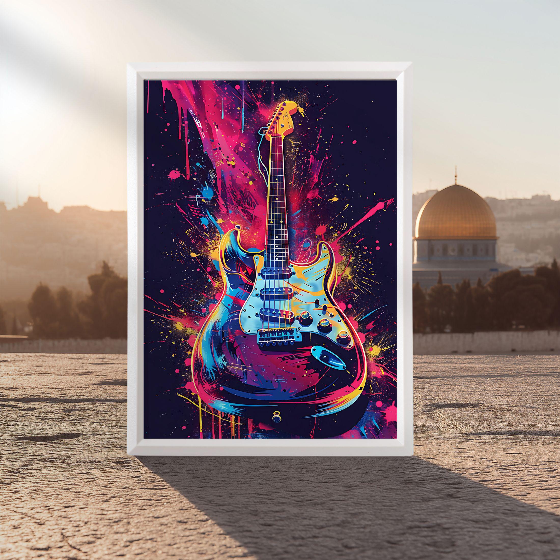 Electric Guitar Pop Art Print: Neon Music Room Decor (commercial