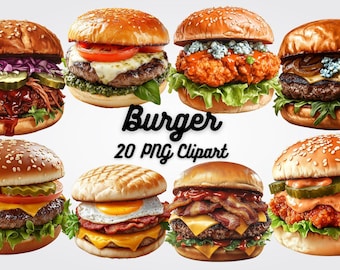 Clipart di hamburger, 20 illustrazioni di cibo PNG (download digitale)