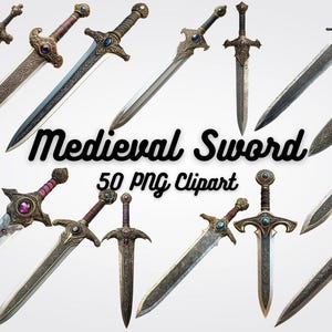 Puede incluir: Una colección de 50 imágenes de clipart de espadas medievales. Las espadas son plateadas y doradas con detalles intrincados y piedras preciosas rojas y azules. Las espadas están aisladas sobre un fondo blanco.